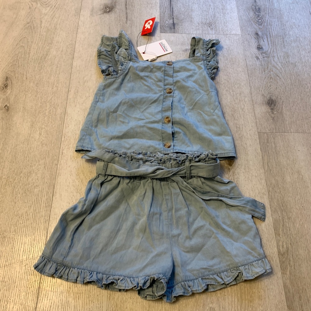 Minoti Girls' Ruffled Chambray Top‎ & Shorts Set - Denim Blue 2-Piece Outfit